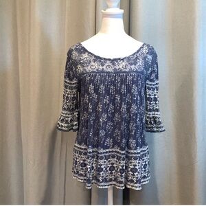 Lucky Brand Bohemian Flowy Blue/White Lace Top Size M